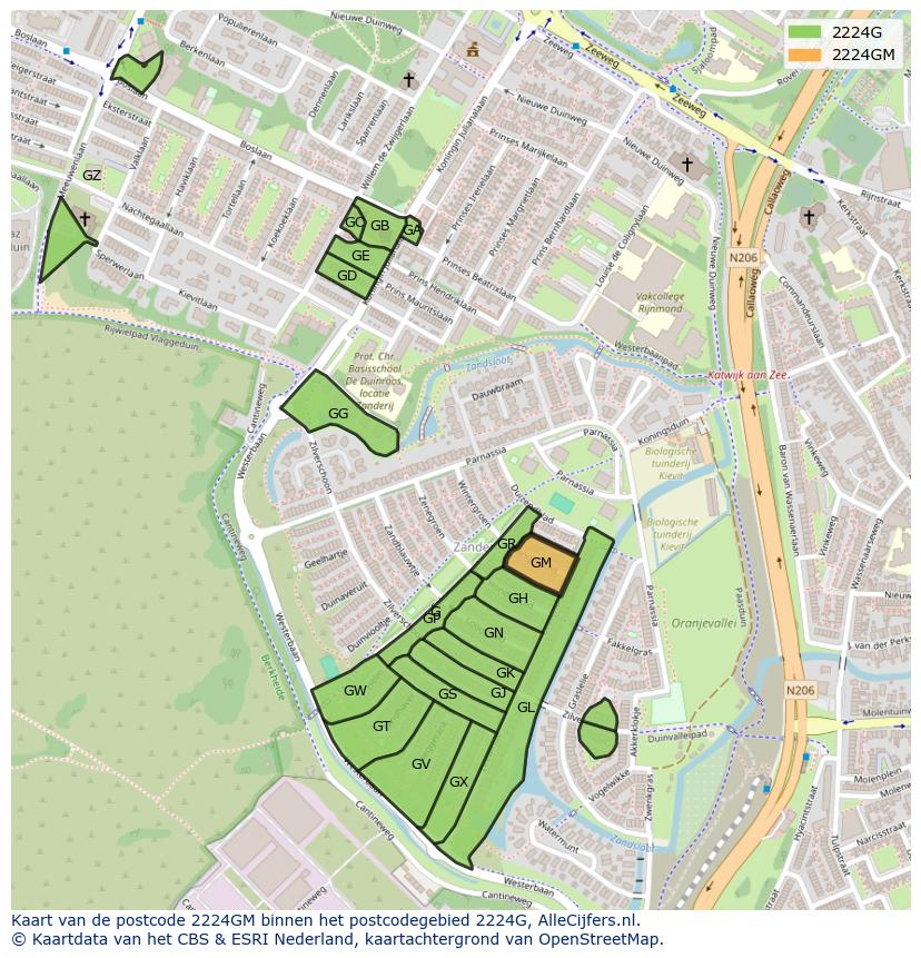 Afbeelding van het postcodegebied 2224 GM op de kaart.