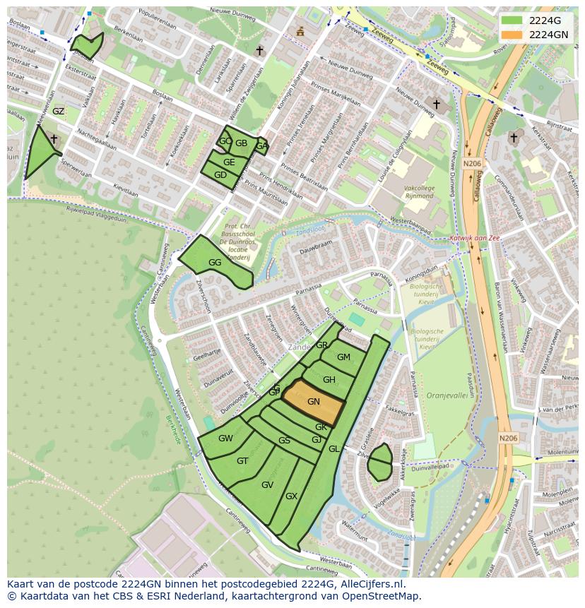 Afbeelding van het postcodegebied 2224 GN op de kaart.