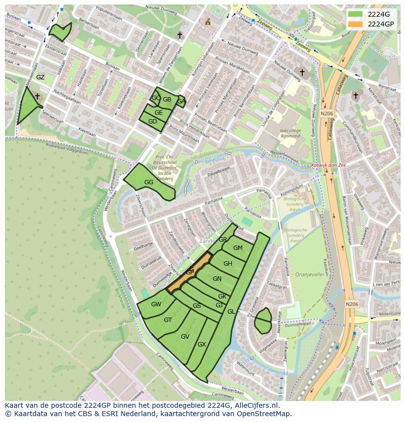 Afbeelding van het postcodegebied 2224 GP op de kaart.