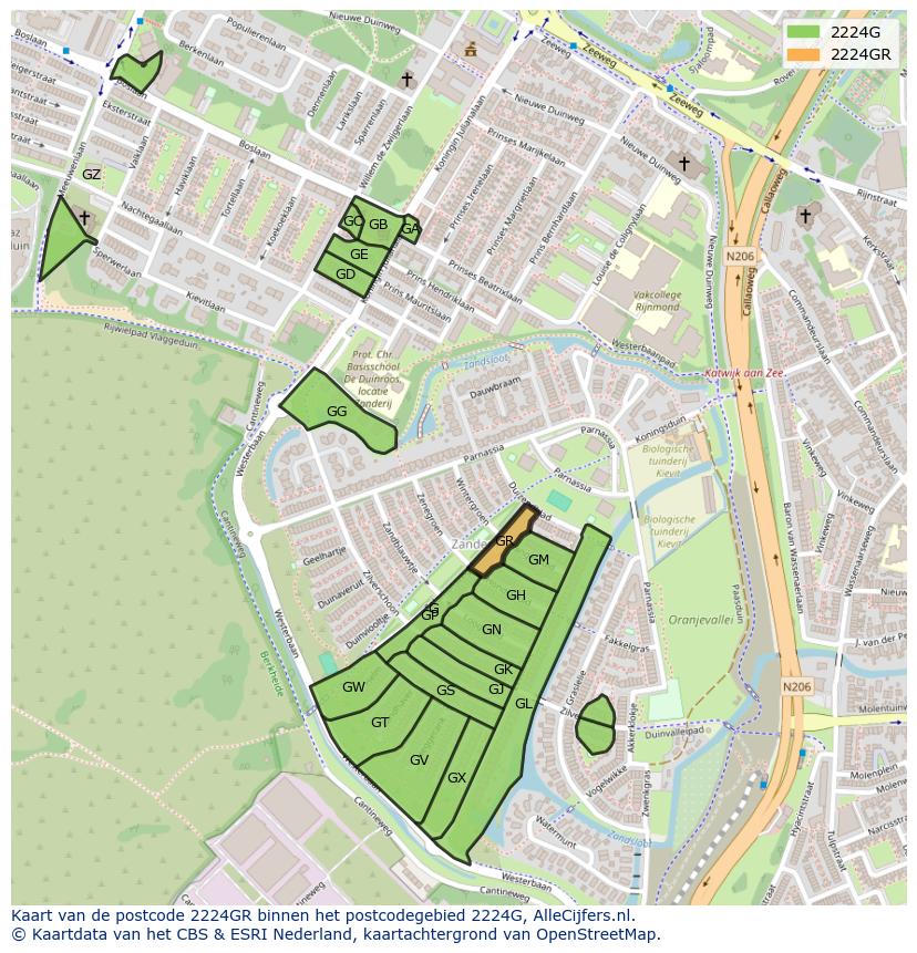 Afbeelding van het postcodegebied 2224 GR op de kaart.