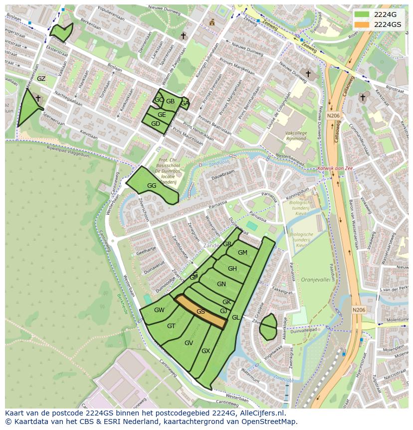 Afbeelding van het postcodegebied 2224 GS op de kaart.