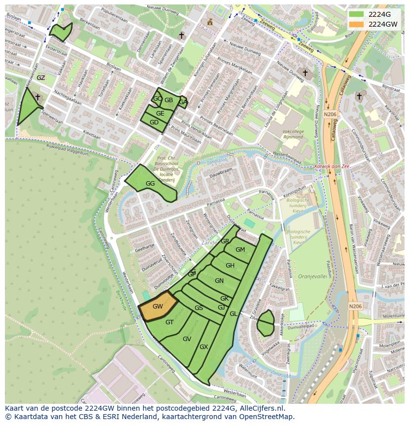 Afbeelding van het postcodegebied 2224 GW op de kaart.