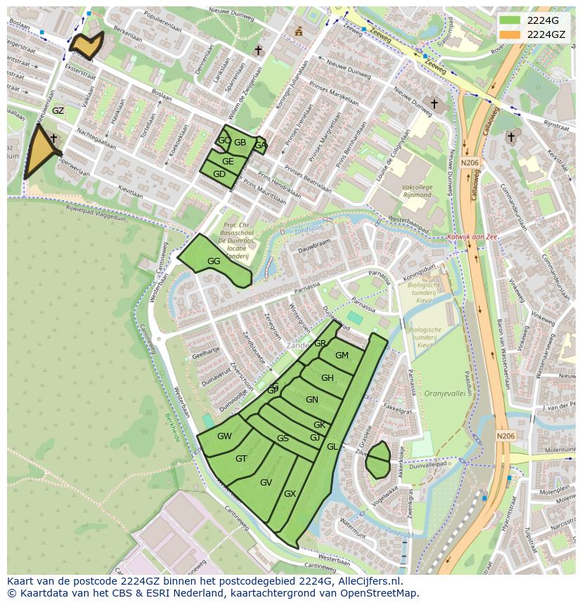 Afbeelding van het postcodegebied 2224 GZ op de kaart.