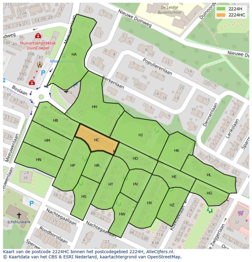 Afbeelding van het postcodegebied 2224 HC op de kaart.