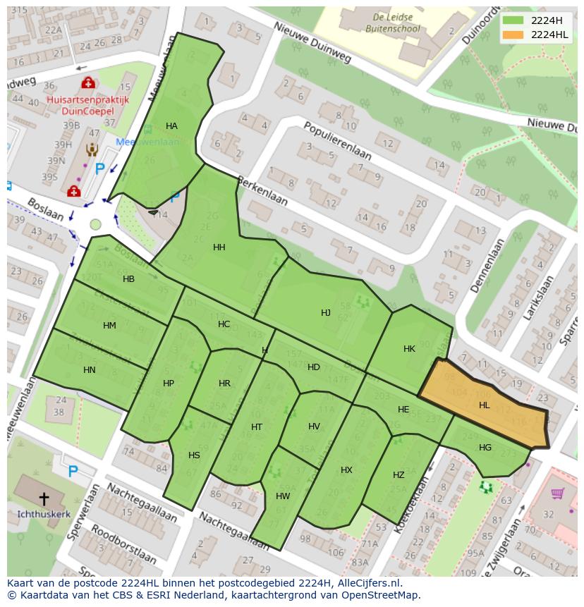 Afbeelding van het postcodegebied 2224 HL op de kaart.