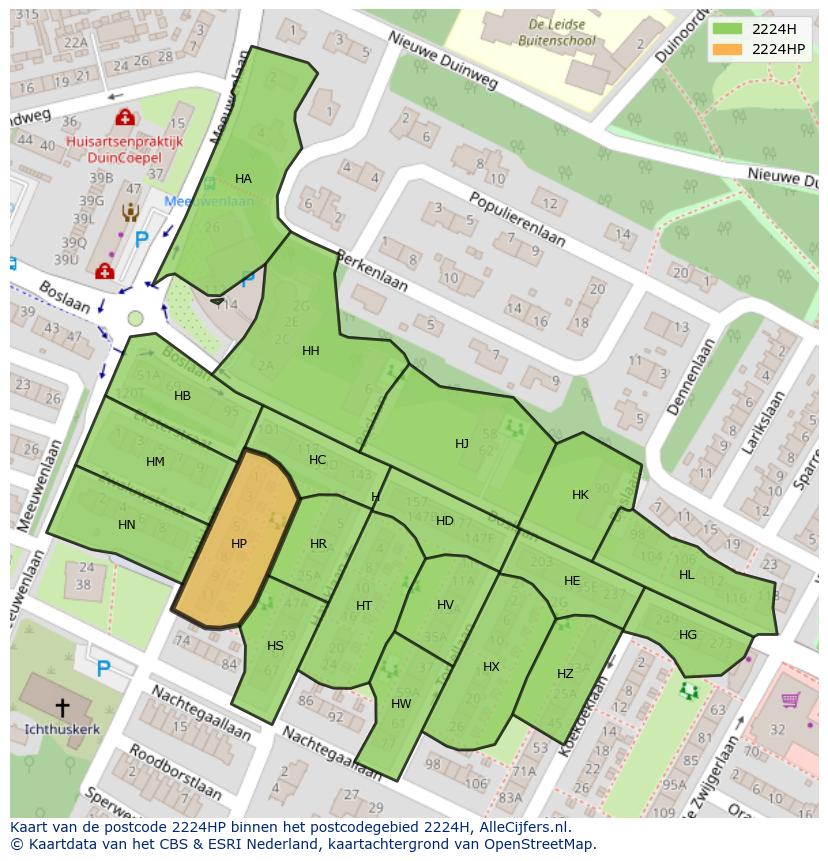 Afbeelding van het postcodegebied 2224 HP op de kaart.
