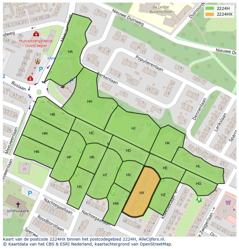 Afbeelding van het postcodegebied 2224 HX op de kaart.