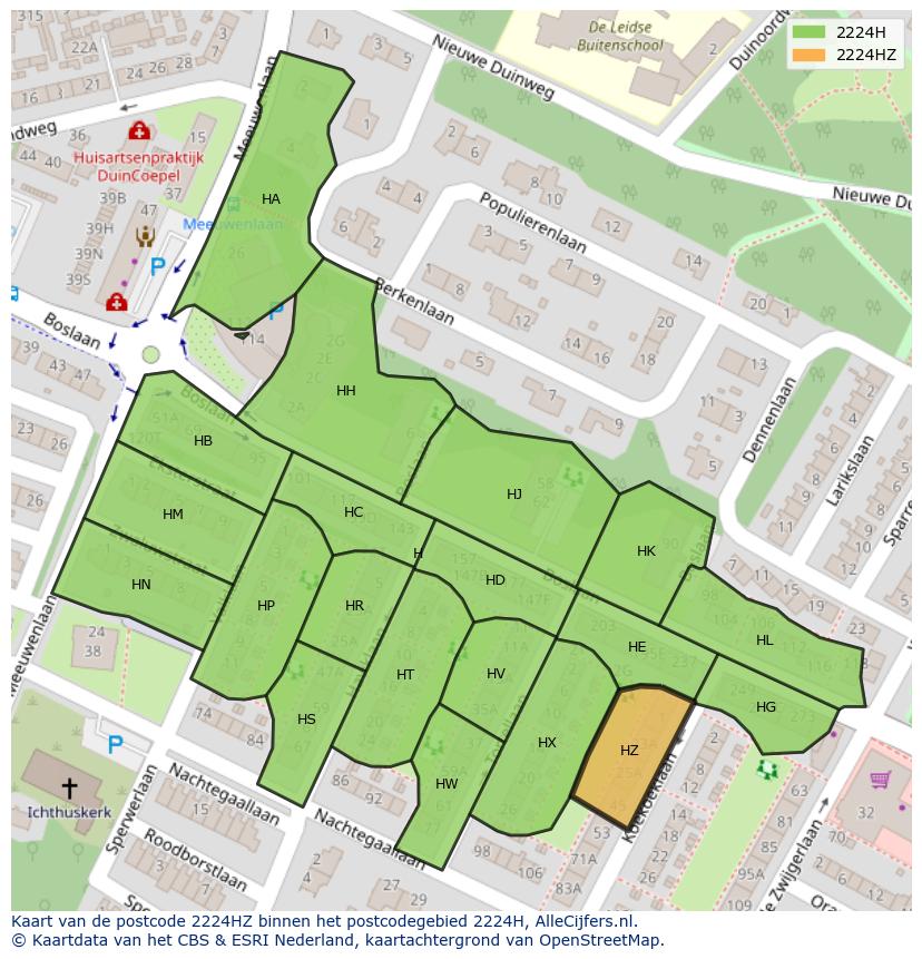Afbeelding van het postcodegebied 2224 HZ op de kaart.