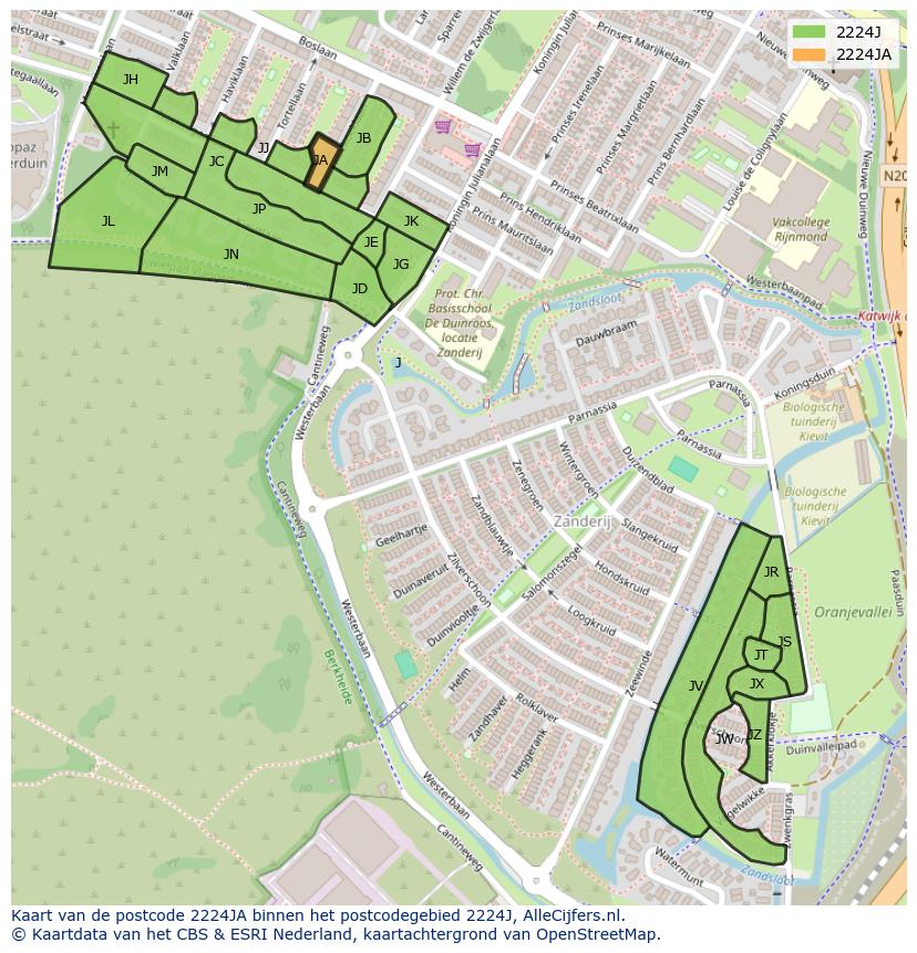 Afbeelding van het postcodegebied 2224 JA op de kaart.