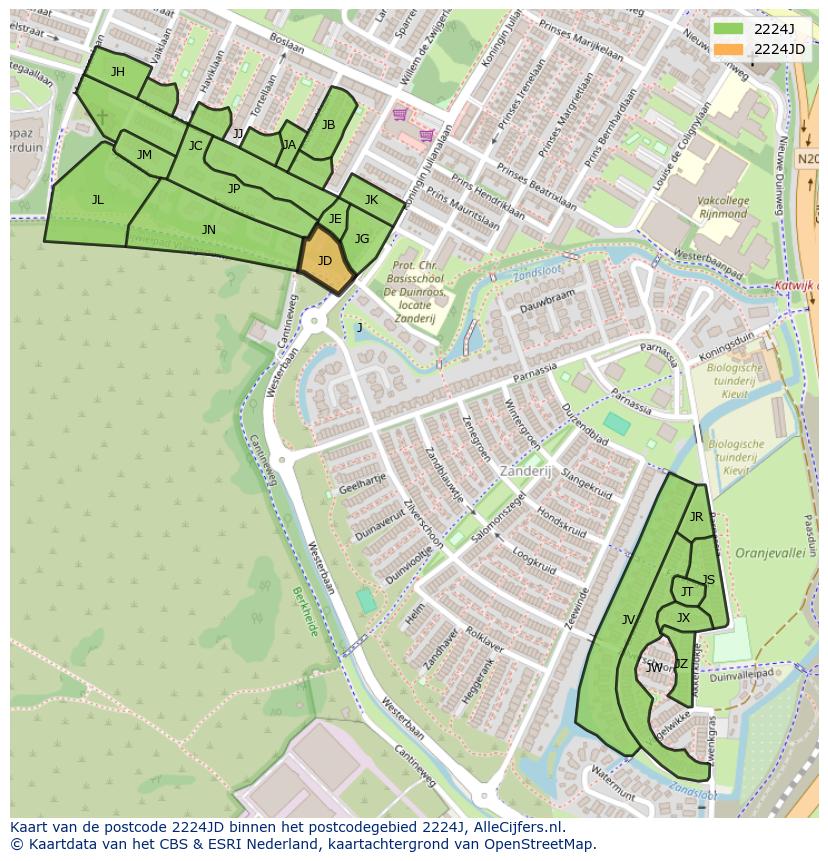 Afbeelding van het postcodegebied 2224 JD op de kaart.
