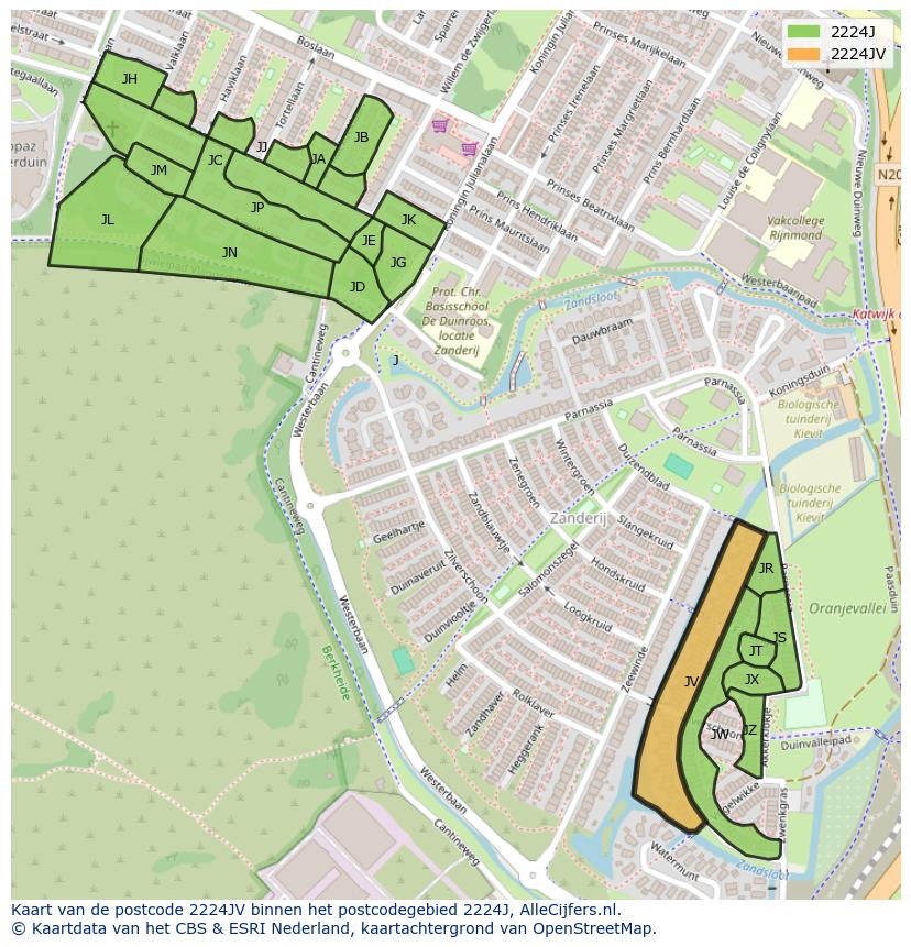 Afbeelding van het postcodegebied 2224 JV op de kaart.