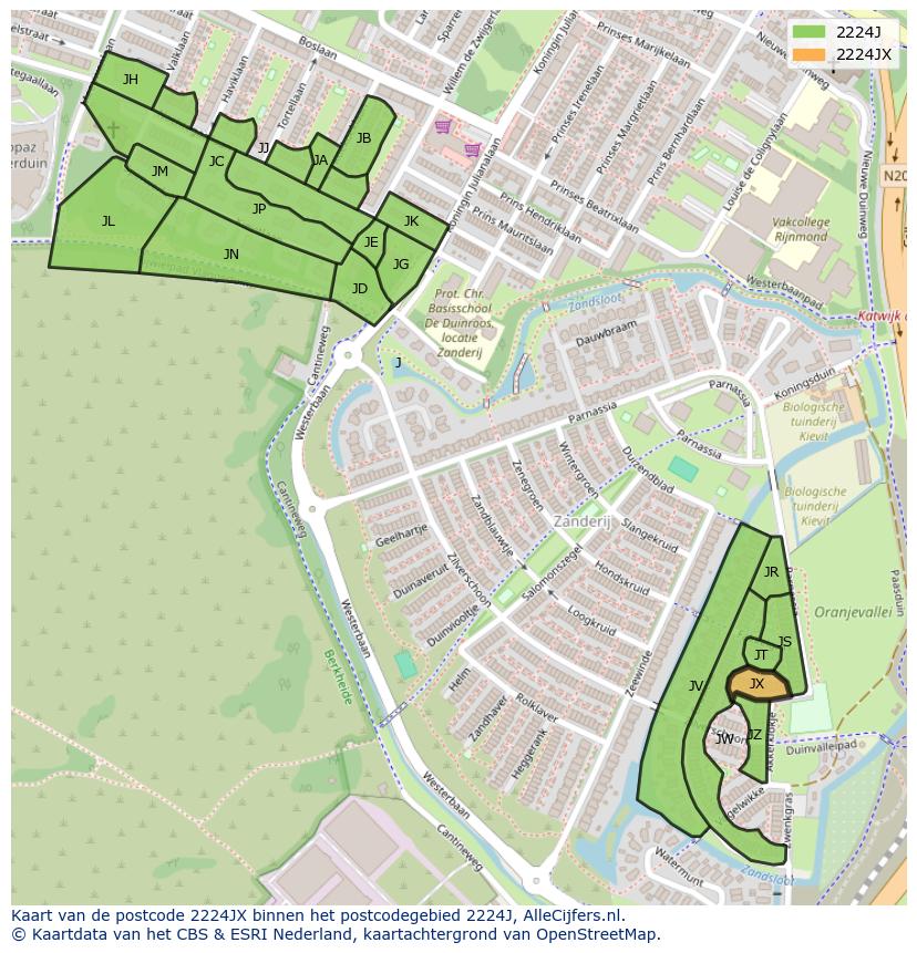 Afbeelding van het postcodegebied 2224 JX op de kaart.