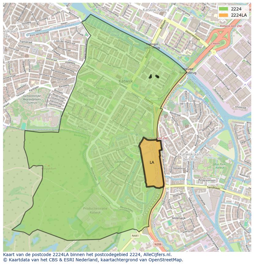 Afbeelding van het postcodegebied 2224 LA op de kaart.