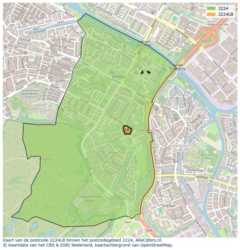 Afbeelding van het postcodegebied 2224 LB op de kaart.