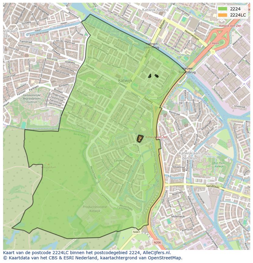 Afbeelding van het postcodegebied 2224 LC op de kaart.