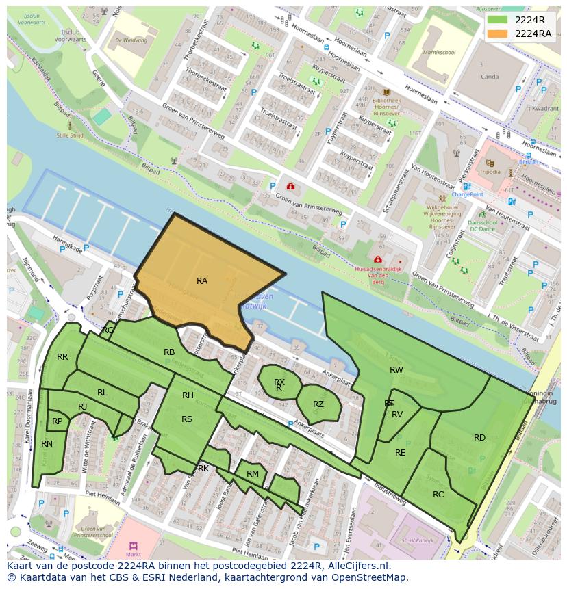 Afbeelding van het postcodegebied 2224 RA op de kaart.