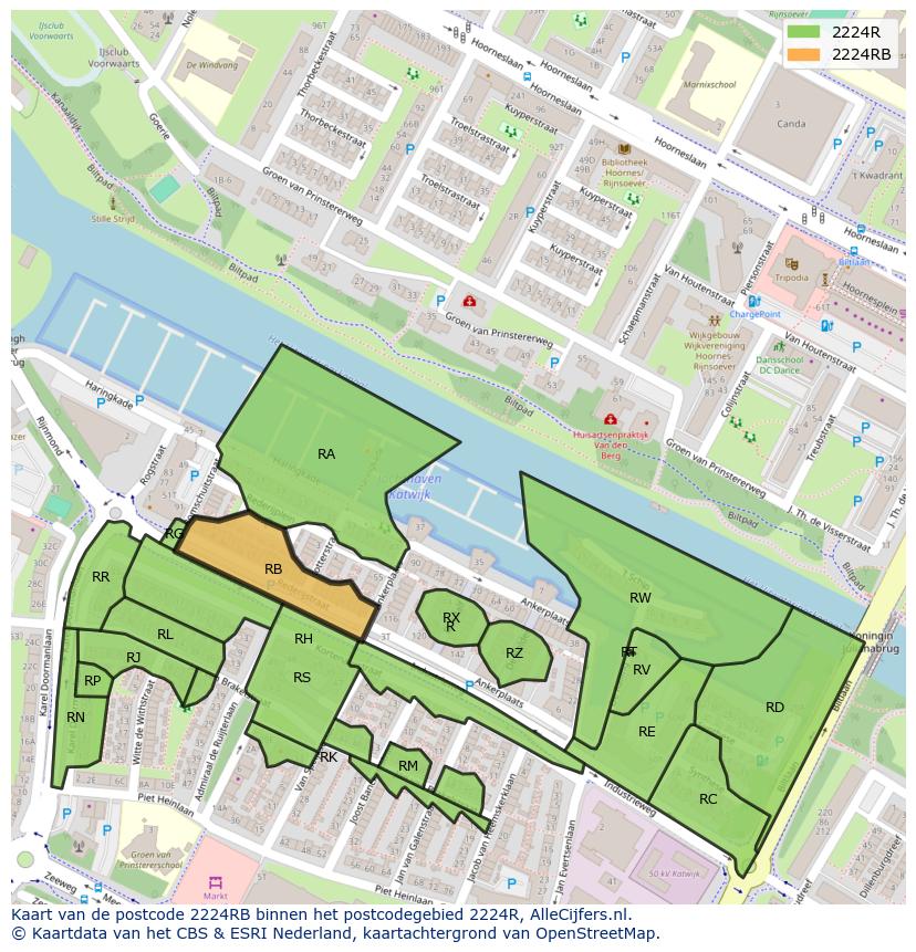 Afbeelding van het postcodegebied 2224 RB op de kaart.