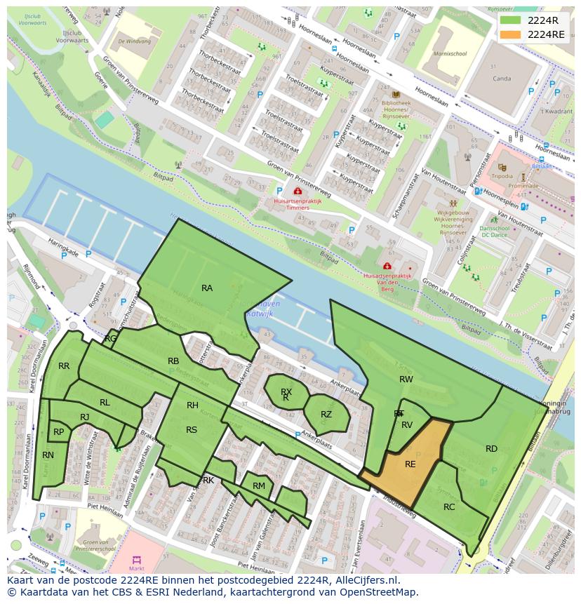 Afbeelding van het postcodegebied 2224 RE op de kaart.