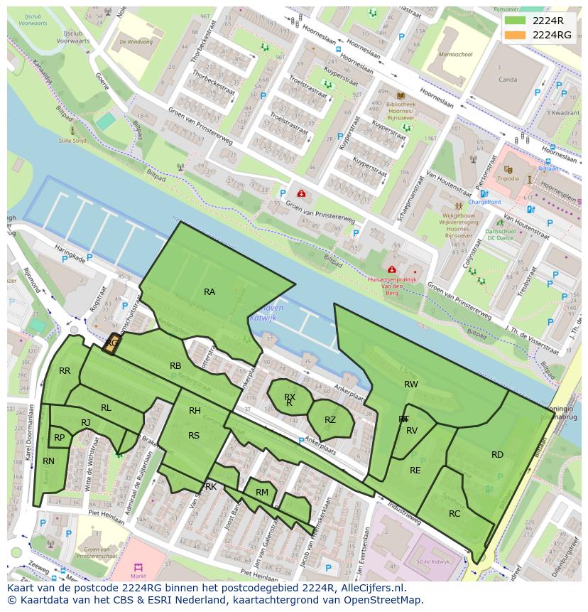 Afbeelding van het postcodegebied 2224 RG op de kaart.