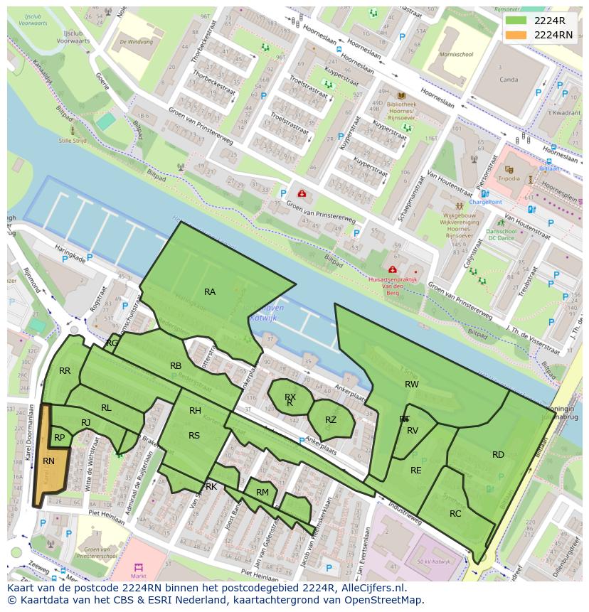 Afbeelding van het postcodegebied 2224 RN op de kaart.