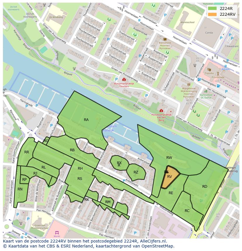 Afbeelding van het postcodegebied 2224 RV op de kaart.