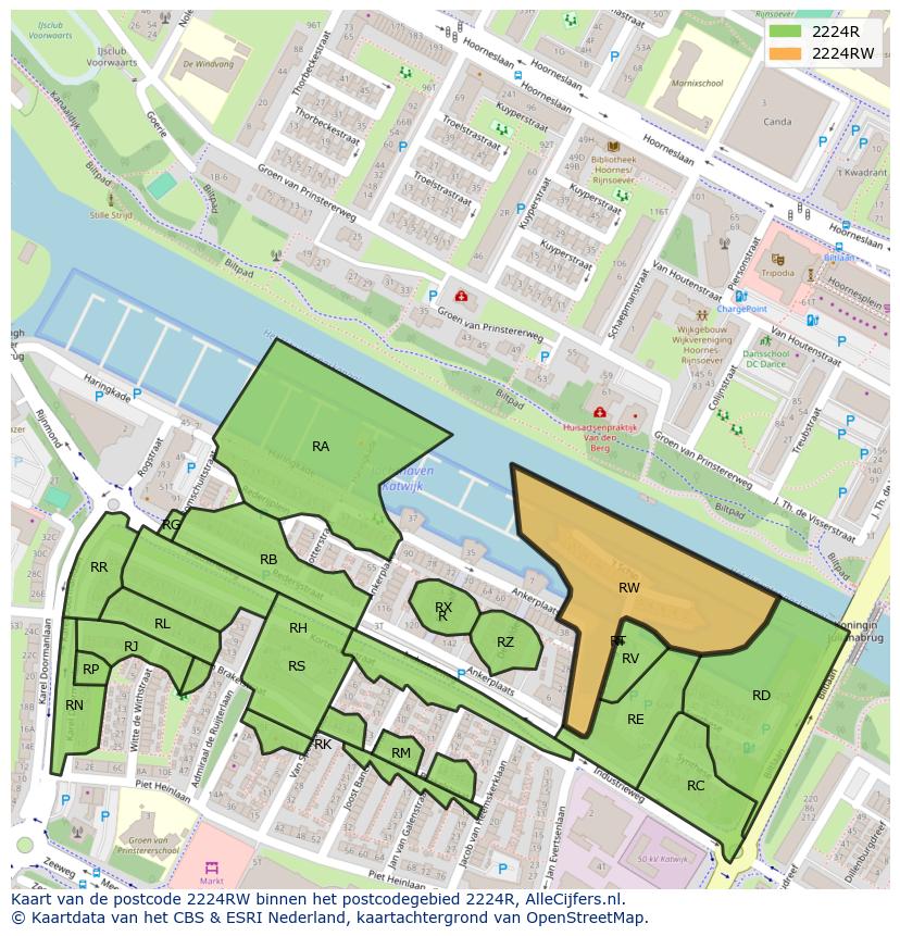 Afbeelding van het postcodegebied 2224 RW op de kaart.
