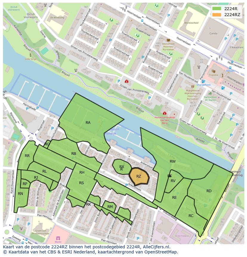 Afbeelding van het postcodegebied 2224 RZ op de kaart.