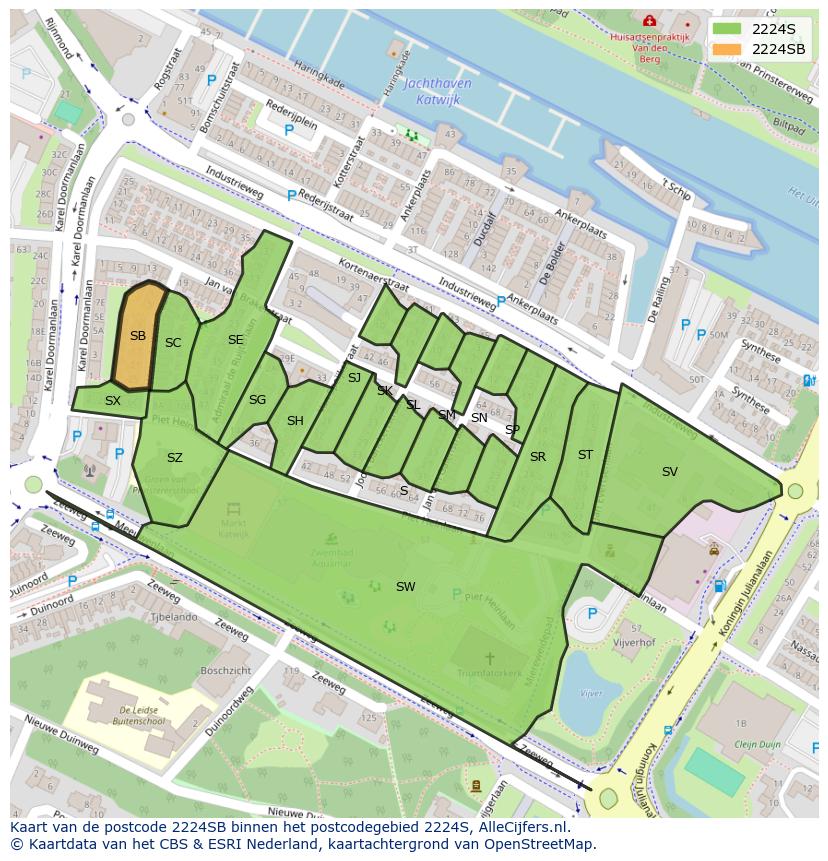 Afbeelding van het postcodegebied 2224 SB op de kaart.