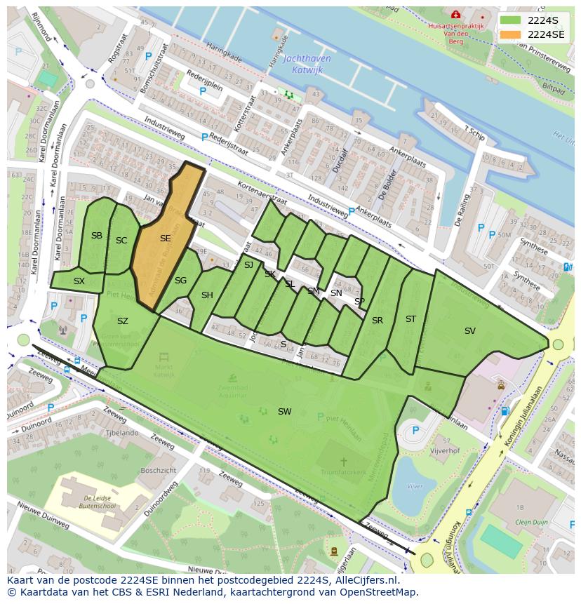 Afbeelding van het postcodegebied 2224 SE op de kaart.