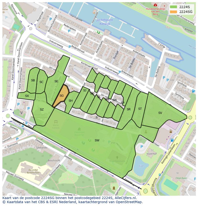 Afbeelding van het postcodegebied 2224 SG op de kaart.