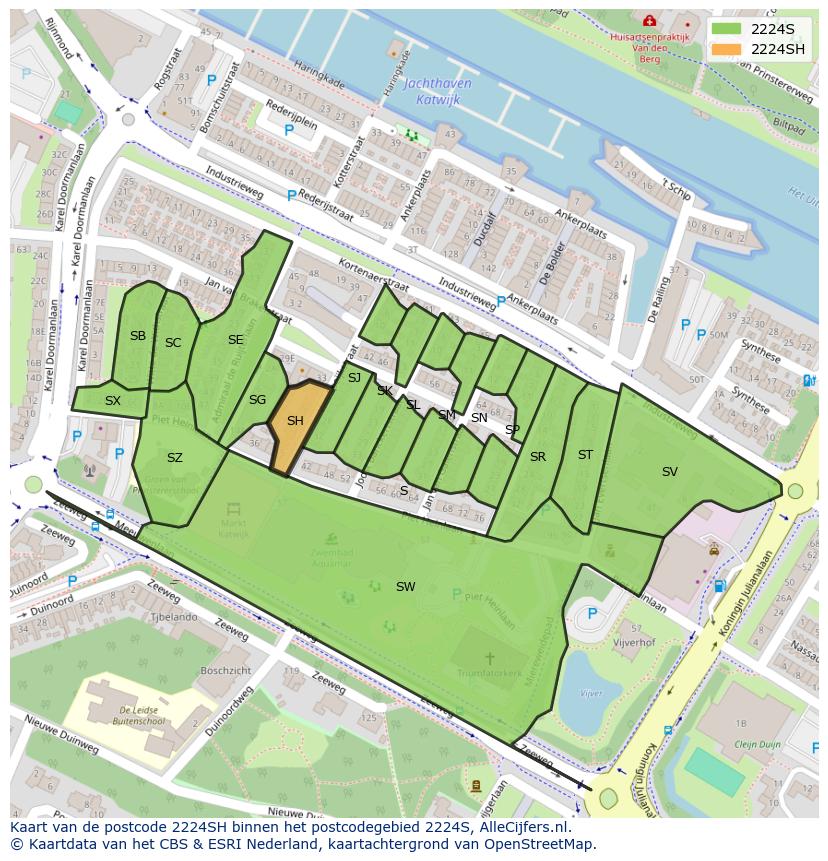 Afbeelding van het postcodegebied 2224 SH op de kaart.