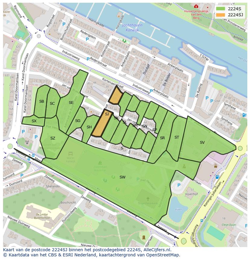 Afbeelding van het postcodegebied 2224 SJ op de kaart.