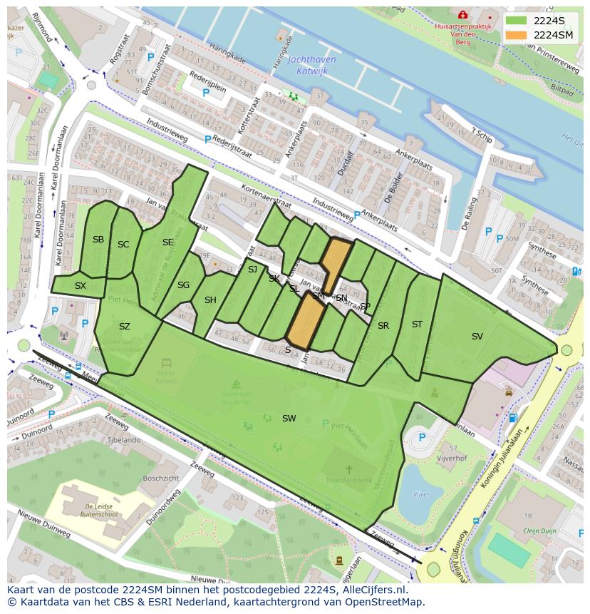 Afbeelding van het postcodegebied 2224 SM op de kaart.