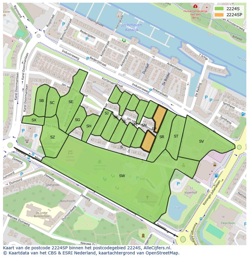 Afbeelding van het postcodegebied 2224 SP op de kaart.