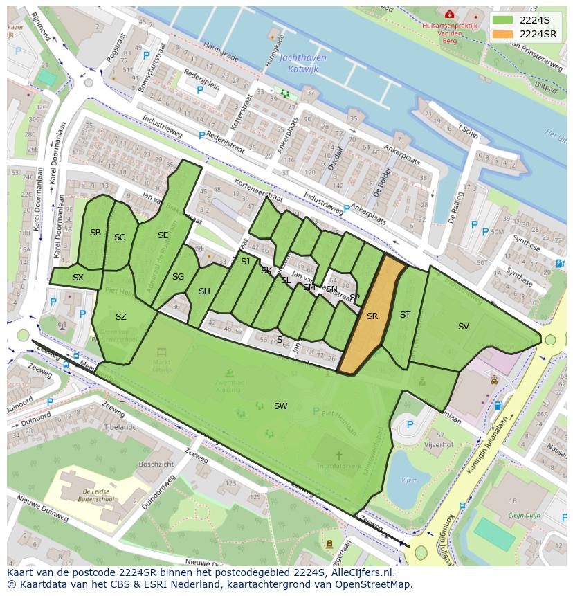 Afbeelding van het postcodegebied 2224 SR op de kaart.