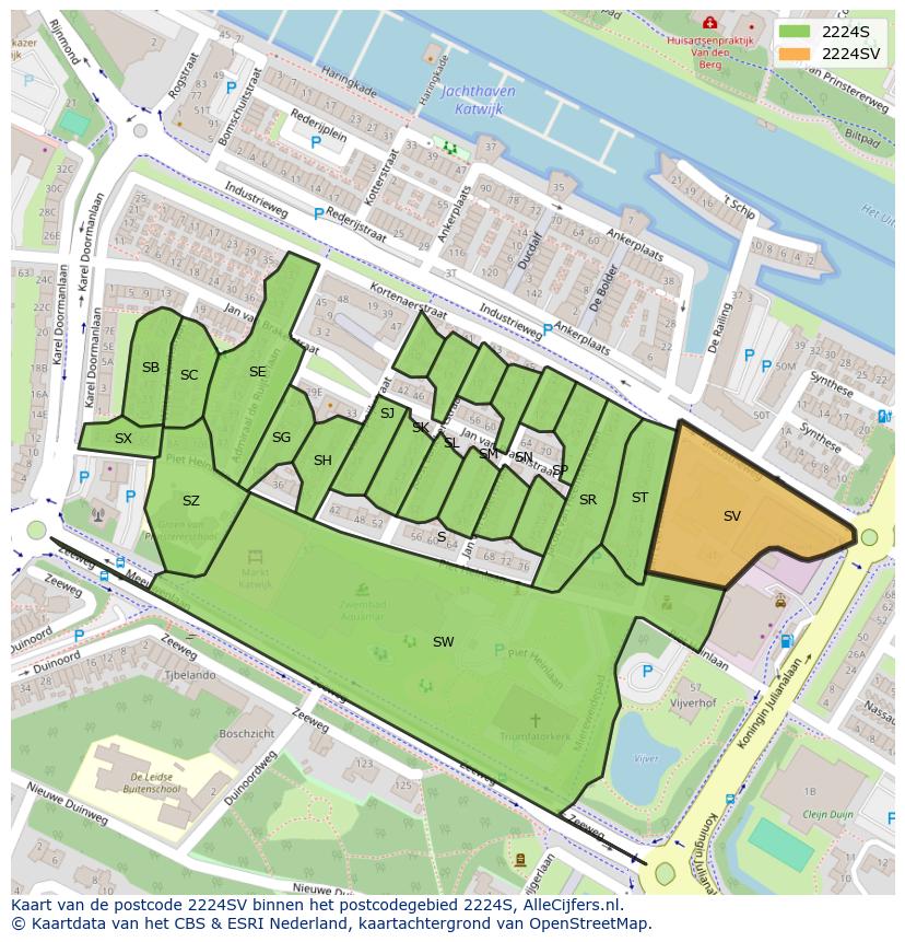Afbeelding van het postcodegebied 2224 SV op de kaart.