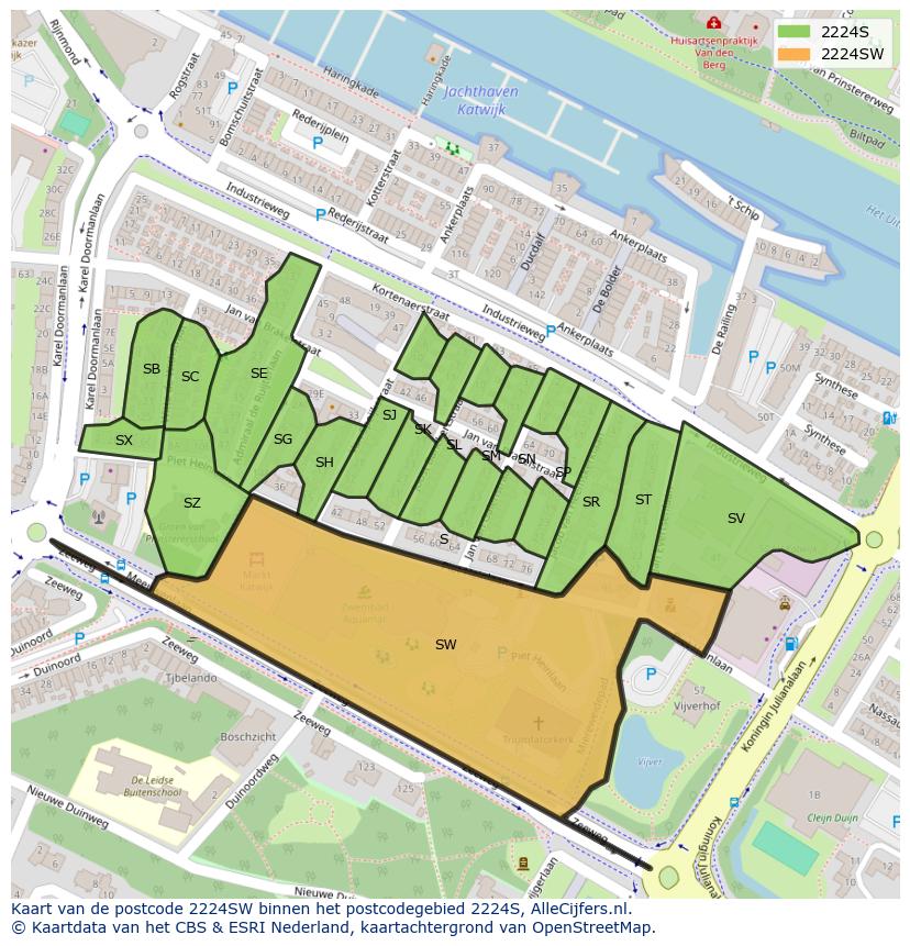 Afbeelding van het postcodegebied 2224 SW op de kaart.