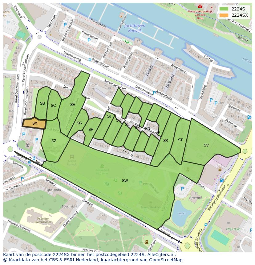 Afbeelding van het postcodegebied 2224 SX op de kaart.