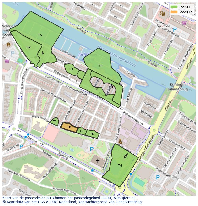 Afbeelding van het postcodegebied 2224 TB op de kaart.