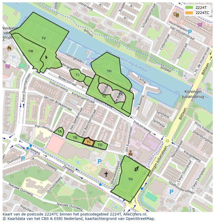 Afbeelding van het postcodegebied 2224 TC op de kaart.