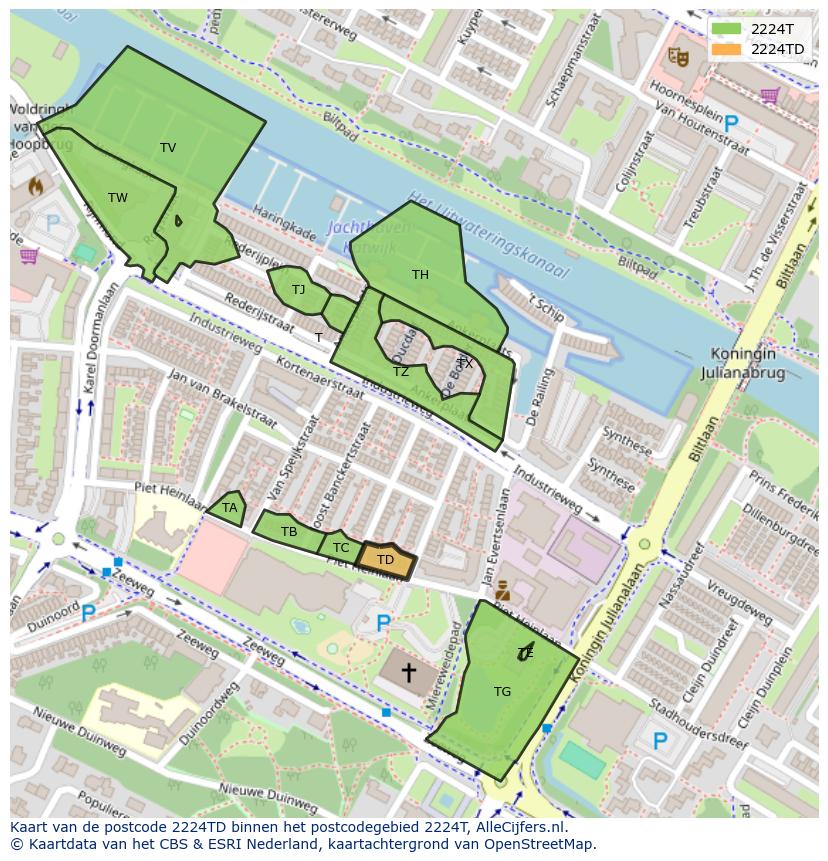 Afbeelding van het postcodegebied 2224 TD op de kaart.