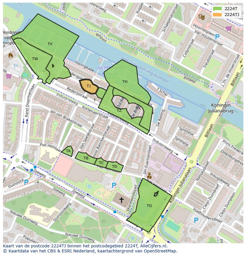 Afbeelding van het postcodegebied 2224 TJ op de kaart.