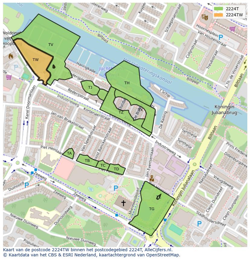Afbeelding van het postcodegebied 2224 TW op de kaart.