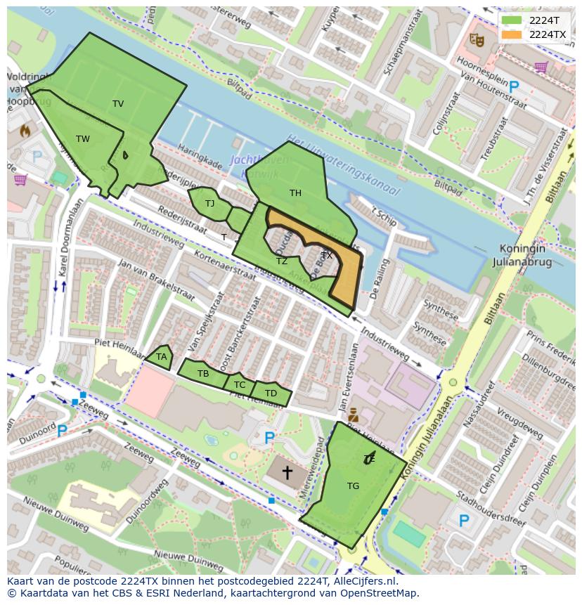 Afbeelding van het postcodegebied 2224 TX op de kaart.