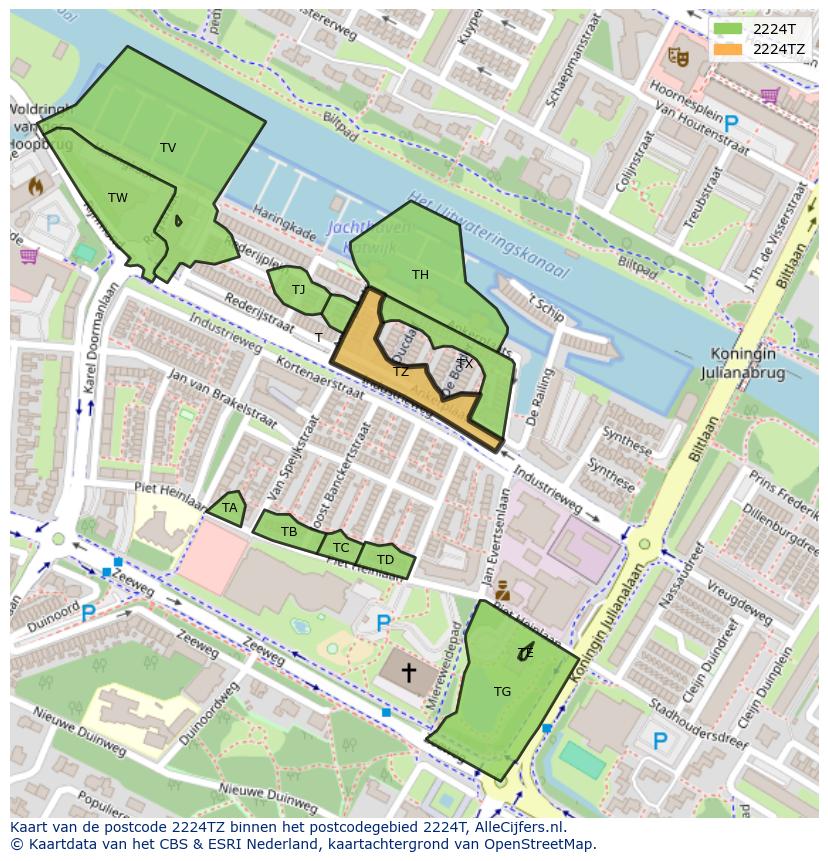 Afbeelding van het postcodegebied 2224 TZ op de kaart.