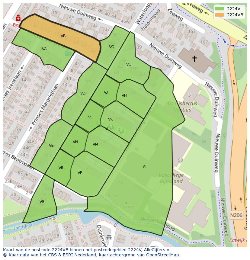 Afbeelding van het postcodegebied 2224 VB op de kaart.