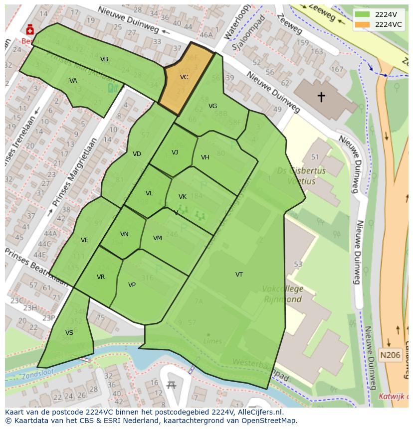 Afbeelding van het postcodegebied 2224 VC op de kaart.
