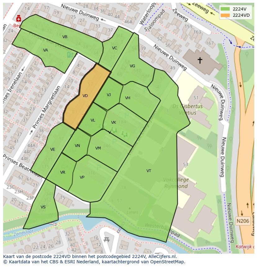 Afbeelding van het postcodegebied 2224 VD op de kaart.