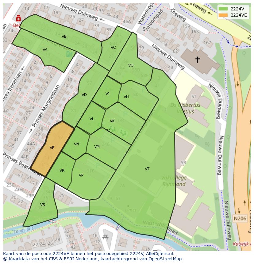 Afbeelding van het postcodegebied 2224 VE op de kaart.