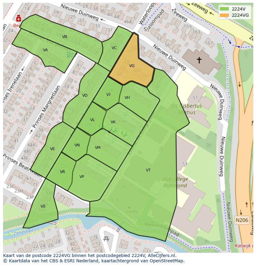Afbeelding van het postcodegebied 2224 VG op de kaart.